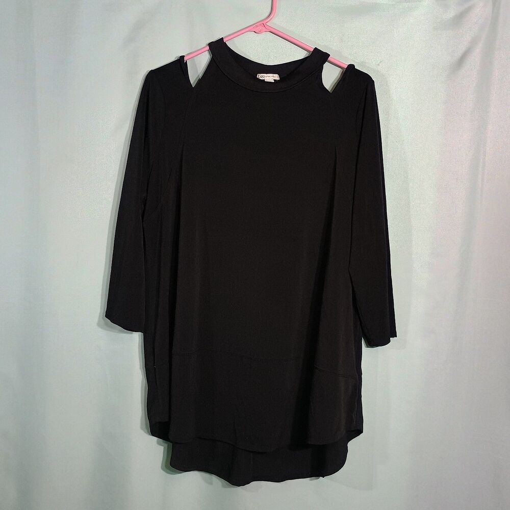 Women’s Black Cold Shoulder Tunic Top – 3/4 Sleeve High-Low Blouse